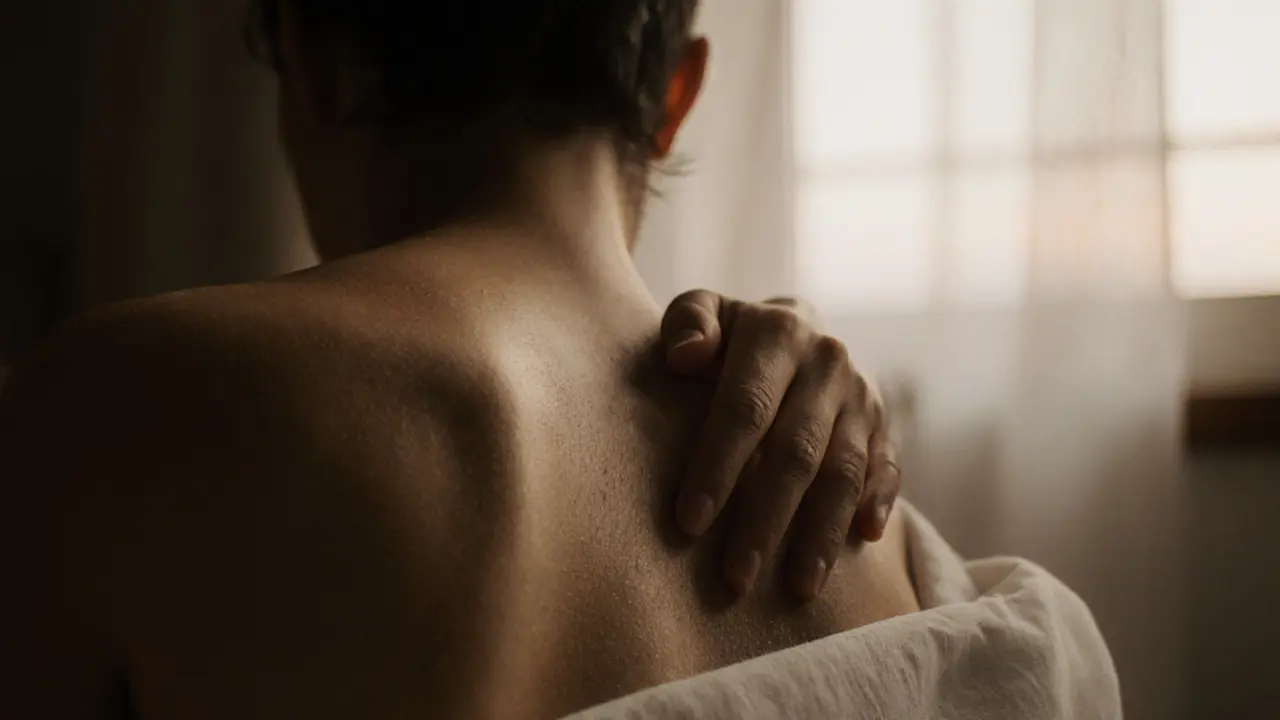 A gentle hand touching a back, no faces shown, emphasizing tender connection through touch.