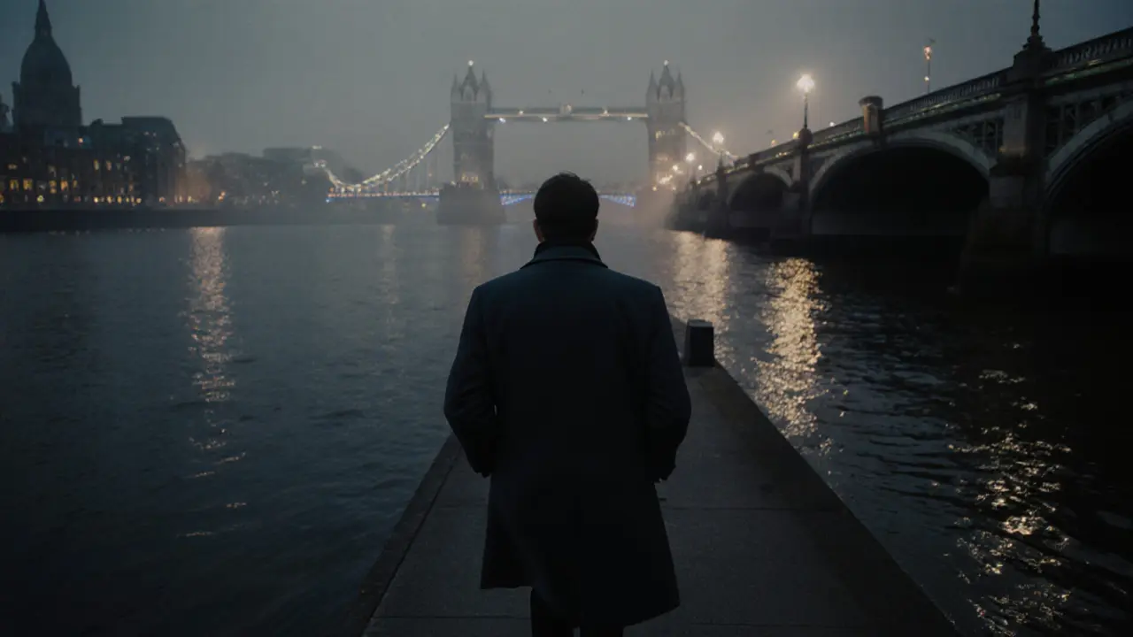 A person walking thoughtfully along the Thames at twilight.