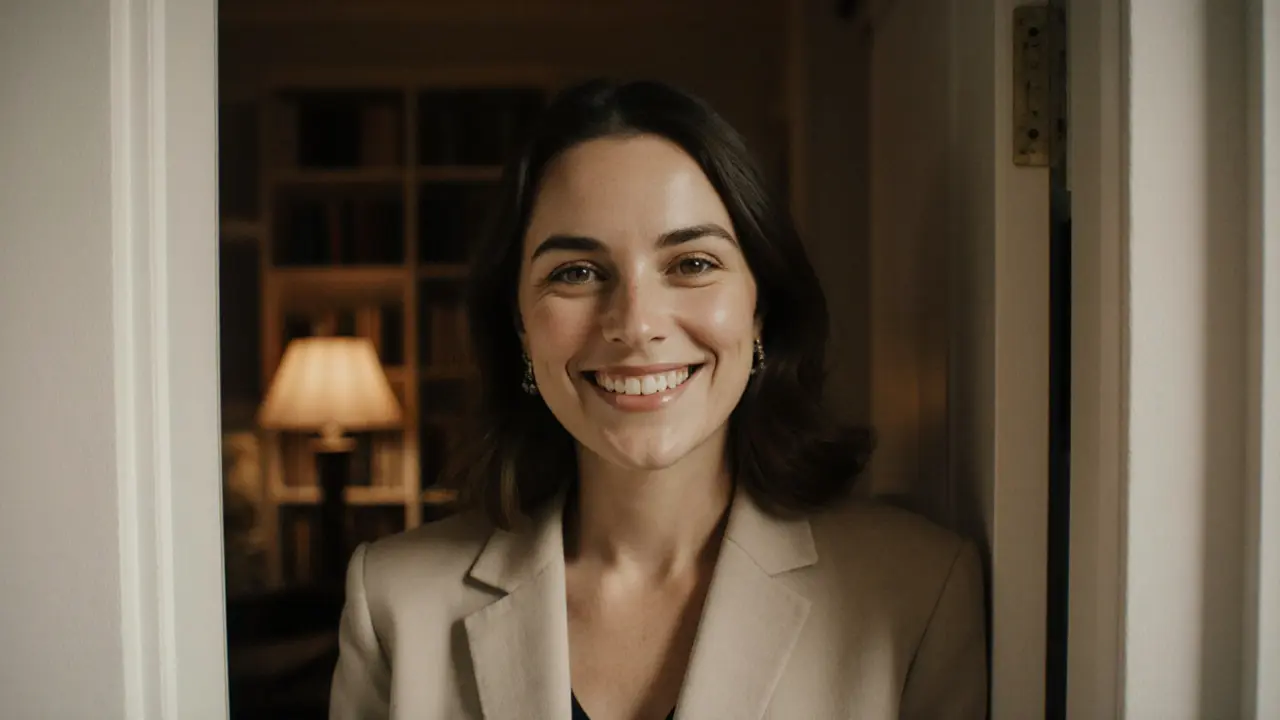 A professional woman smiling gently in a quiet London apartment, radiating warmth and respect.