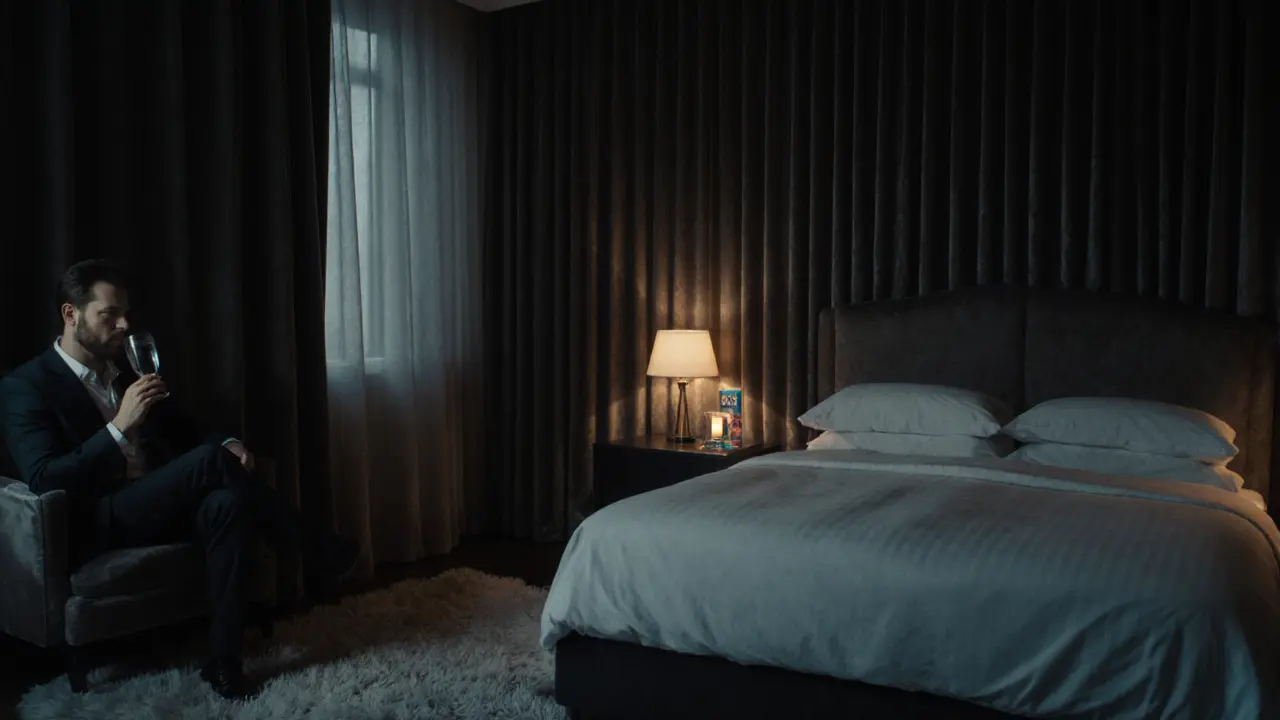 A tastefully furnished private room with fresh linens, soft lighting, and discreet safety supplies.