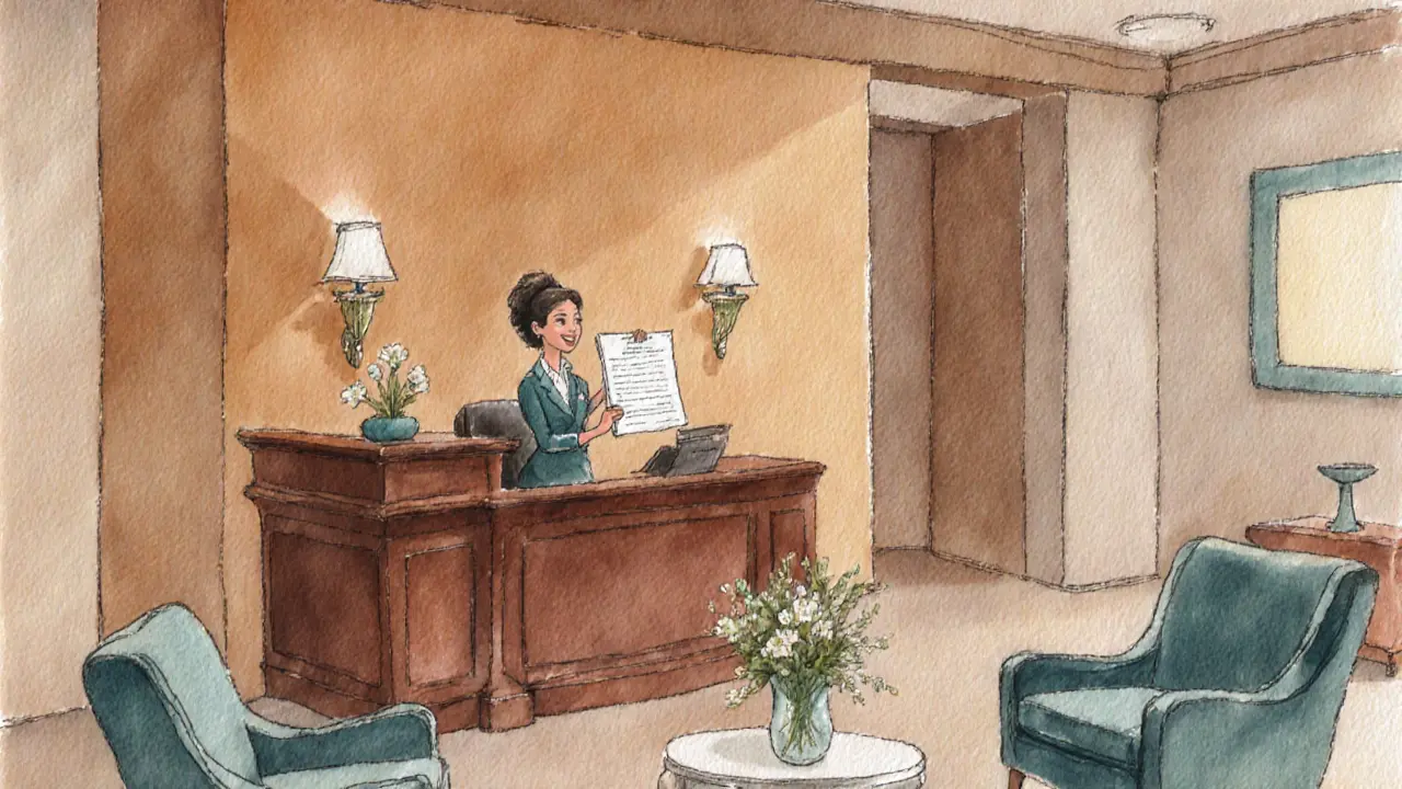 A warm, softly lit reception lounge with a desk and comfortable seating, conveying a professional environment.