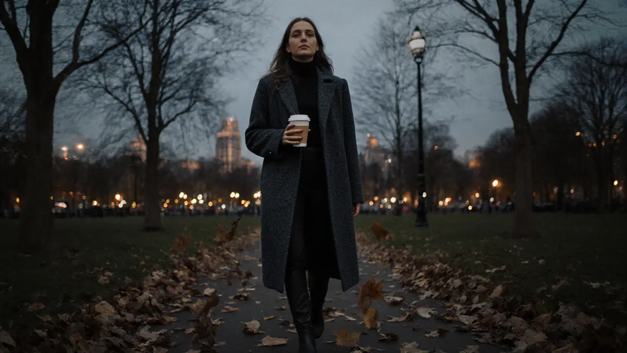 A woman walking through Hyde Park at dusk, holding coffee, wearing a tailored coat.