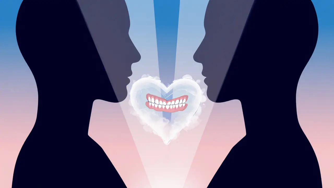 Abstract silhouettes forming a heart with a dental dam and breath symbols.