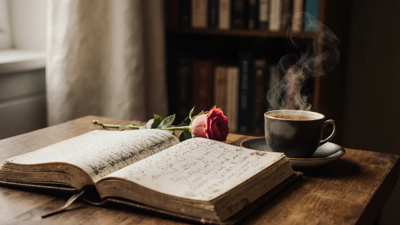 An open journal with handwritten notes beside a cup of tea.