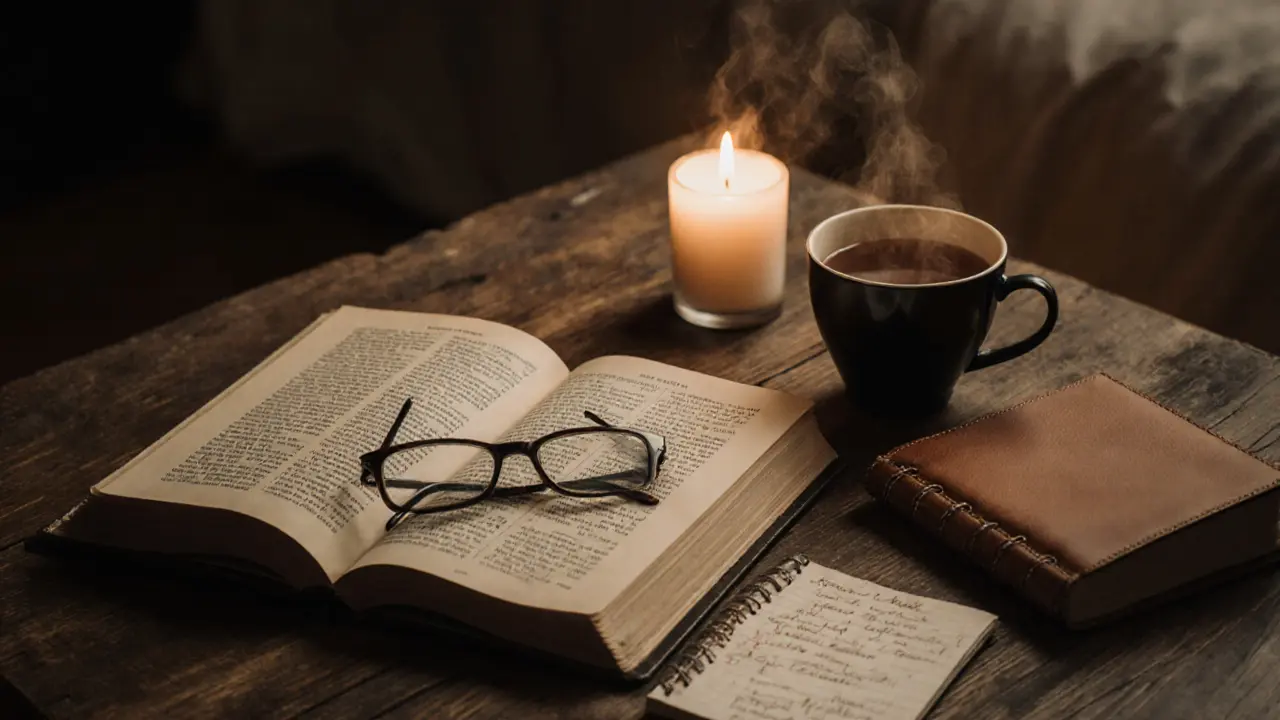An open Kamasutra book on a wooden table with a candle and journal, symbolizing mindful reflection.