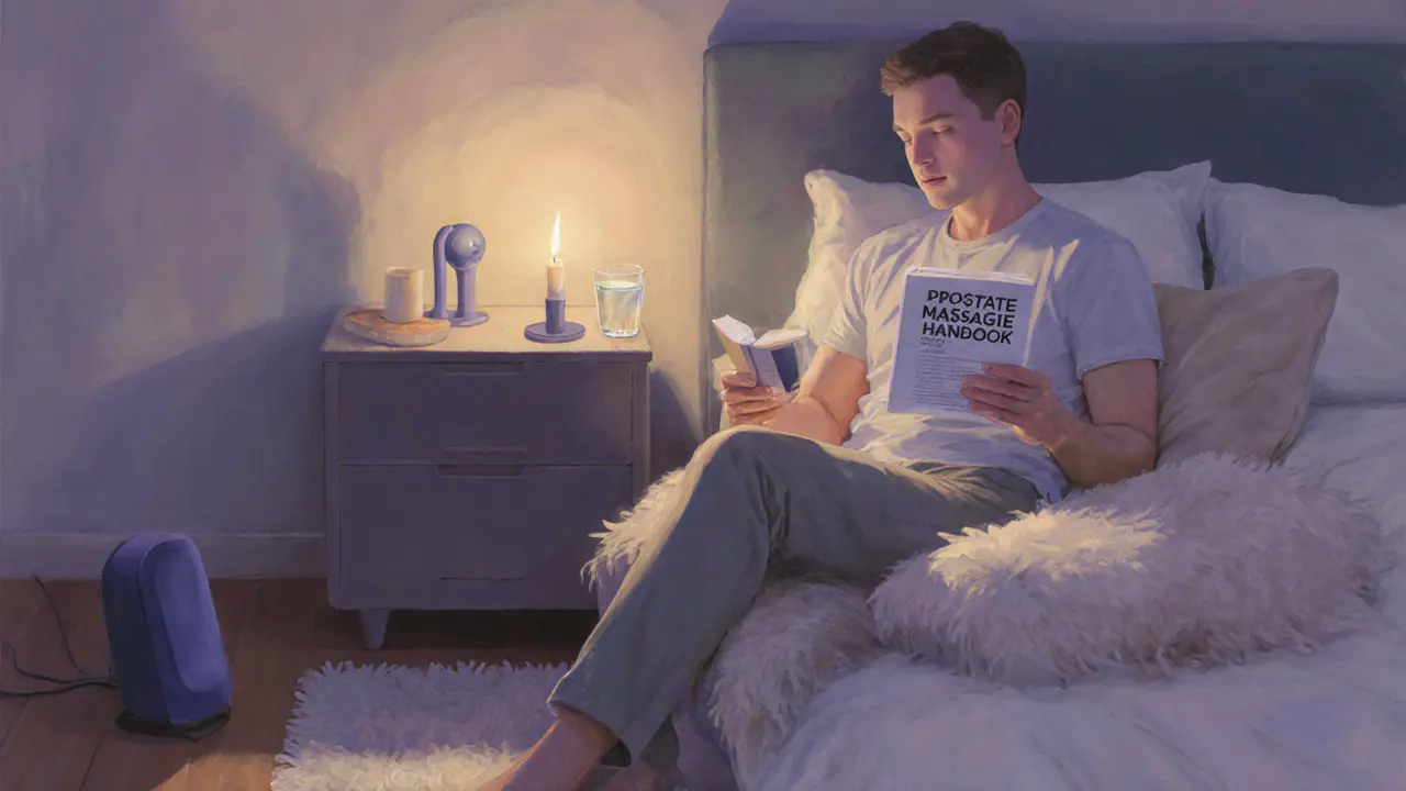 Bedroom scene with a silicone prostate massager, candle, and guidebook.