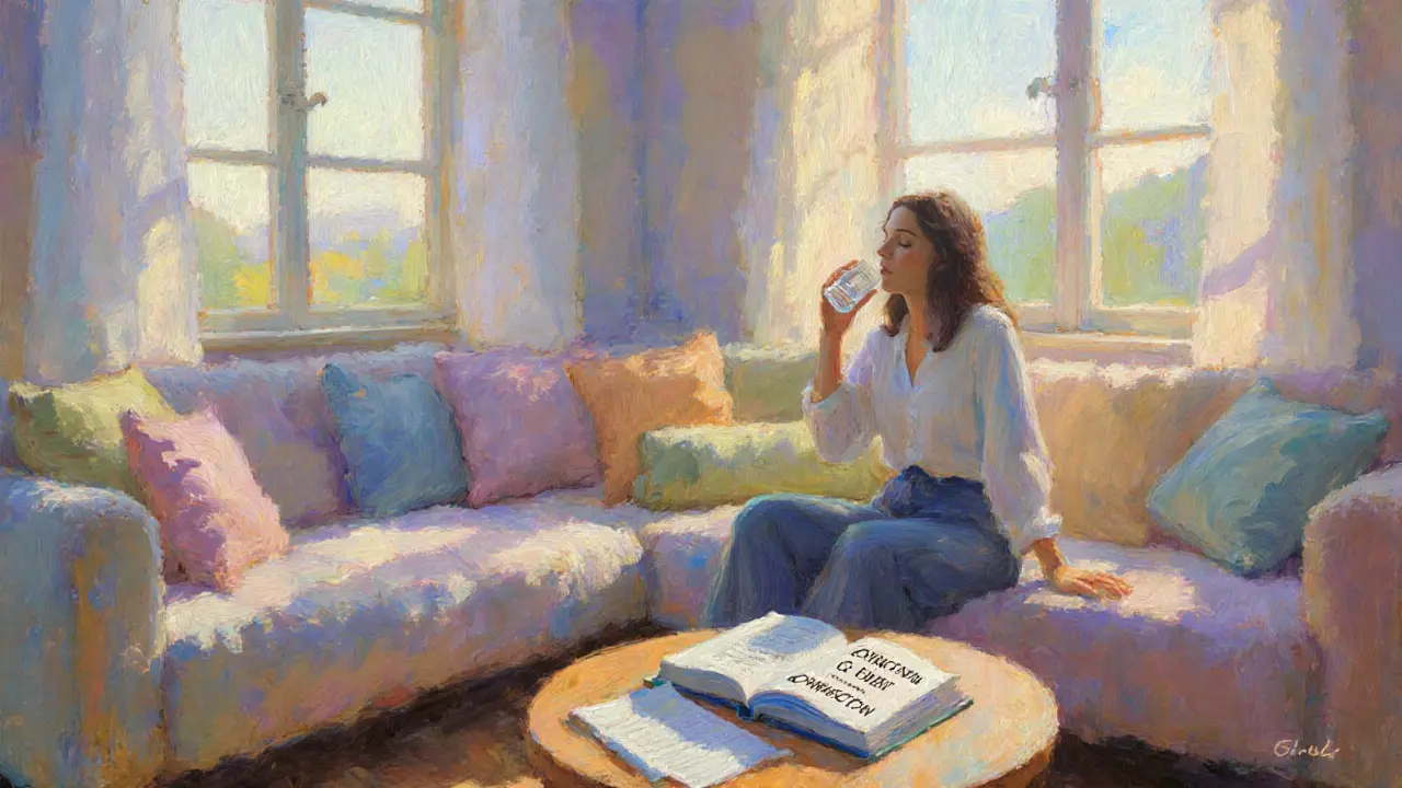 Calm relaxation area with morning light, person sipping water, and consent book on table.