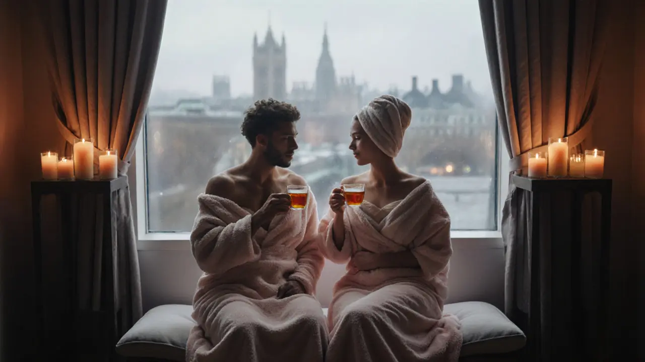 Candlelit room with a couple wrapped in towels, sharing tea after a relaxing massage.
