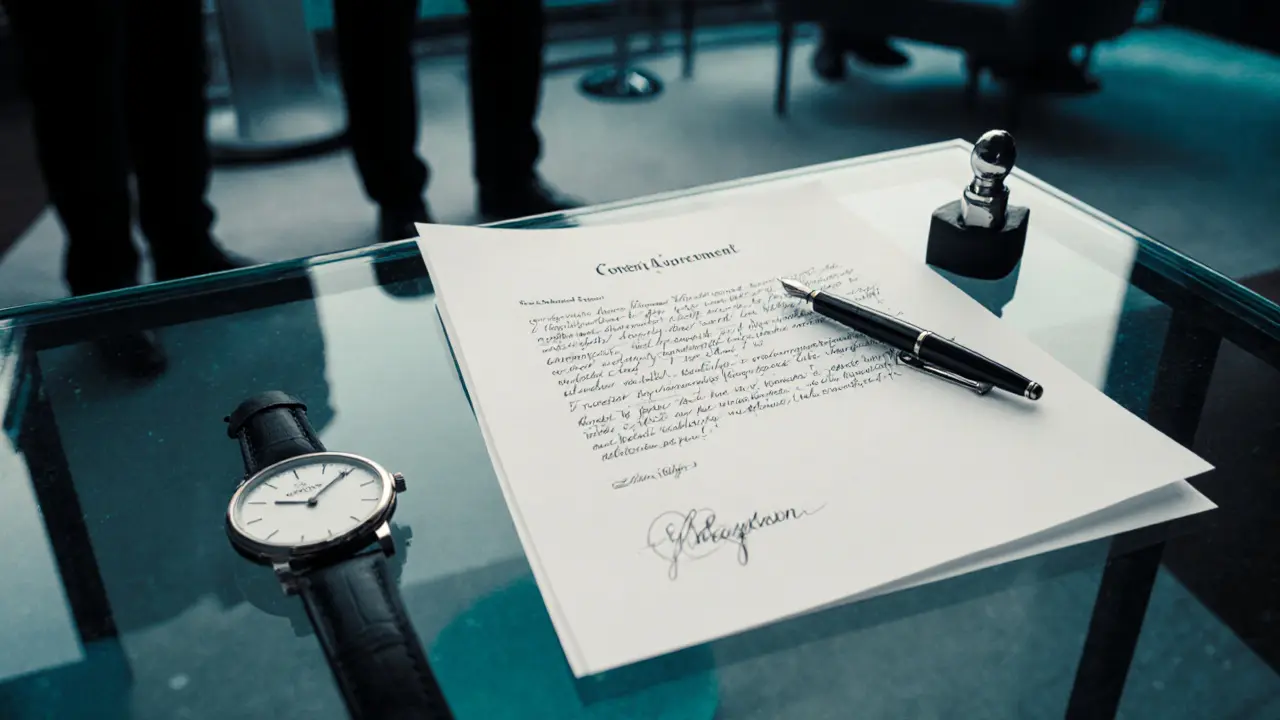 Close‑up of a handwritten consent form and pen on a glass table in a lounge.