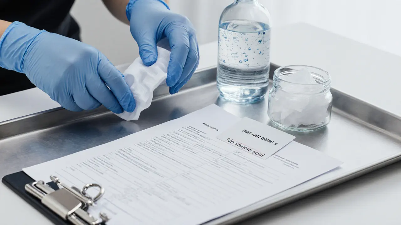 Close‑up of gloved hands cleaning a strap‑on, lubricant bottle, and consent form on a spotless tray.