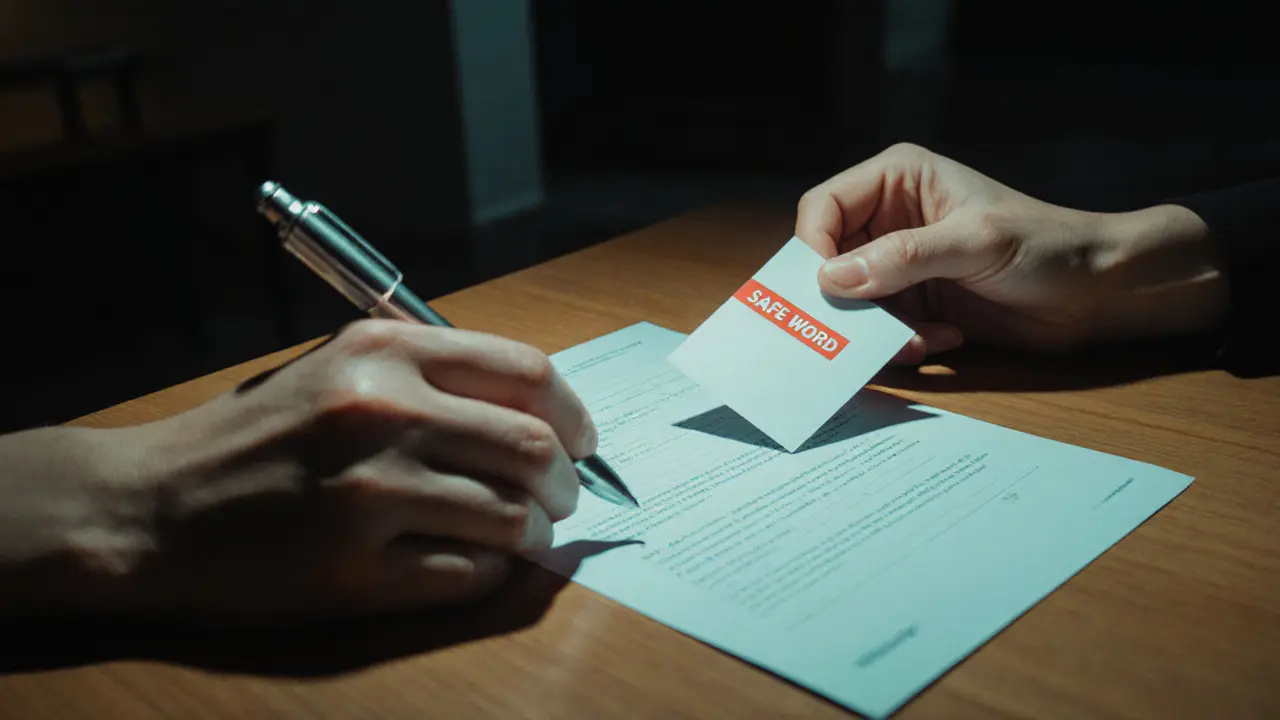 Close‑up of hands exchanging a consent form and safe‑word card in a dimly lit setting.