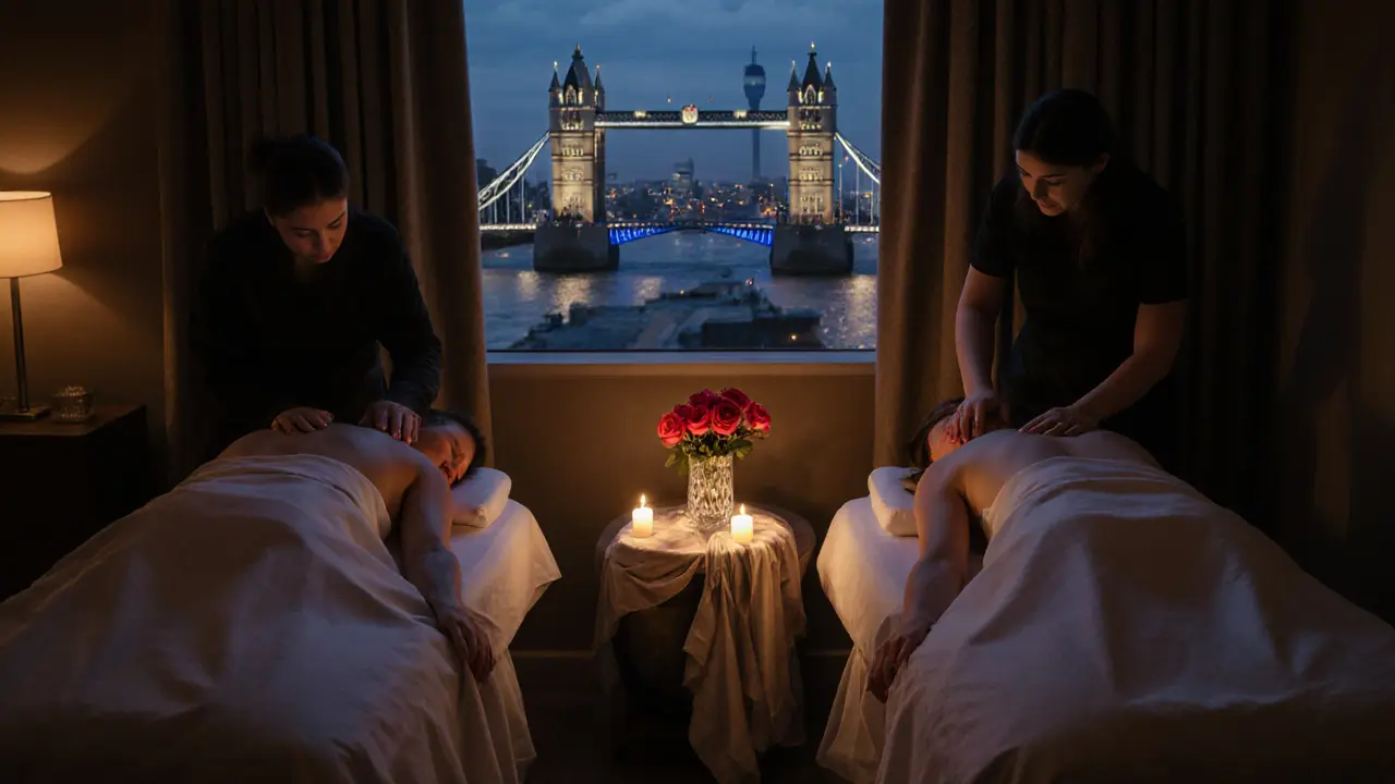 Couple receiving side‑by‑side massage in a private, candlelit suite.