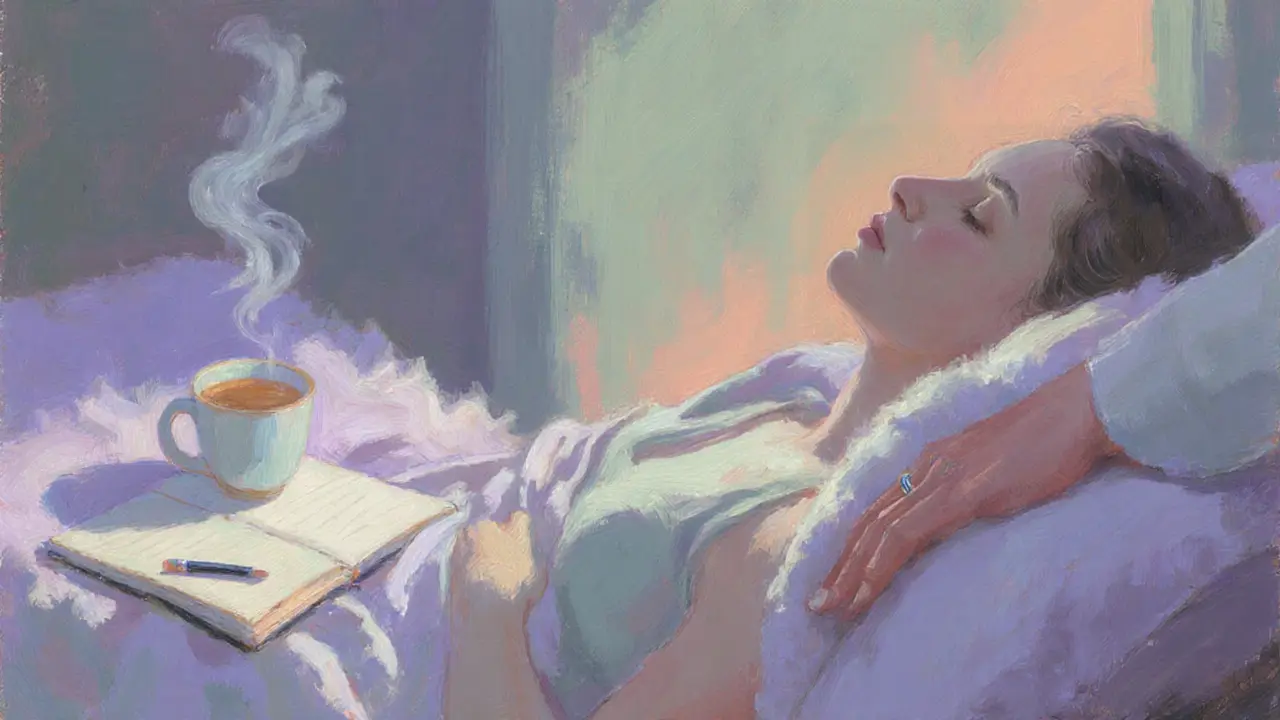 Cozy after‑care area with blanket, tea, journal and a gentle hand offering comfort post‑session.