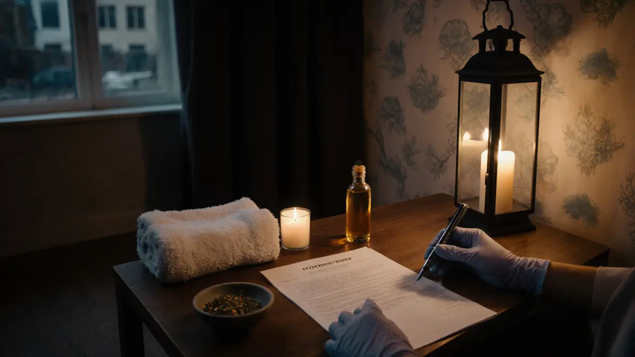 Dimly lit private studio showing candles, oils, consent form, and therapist's gloved hands arranging items.