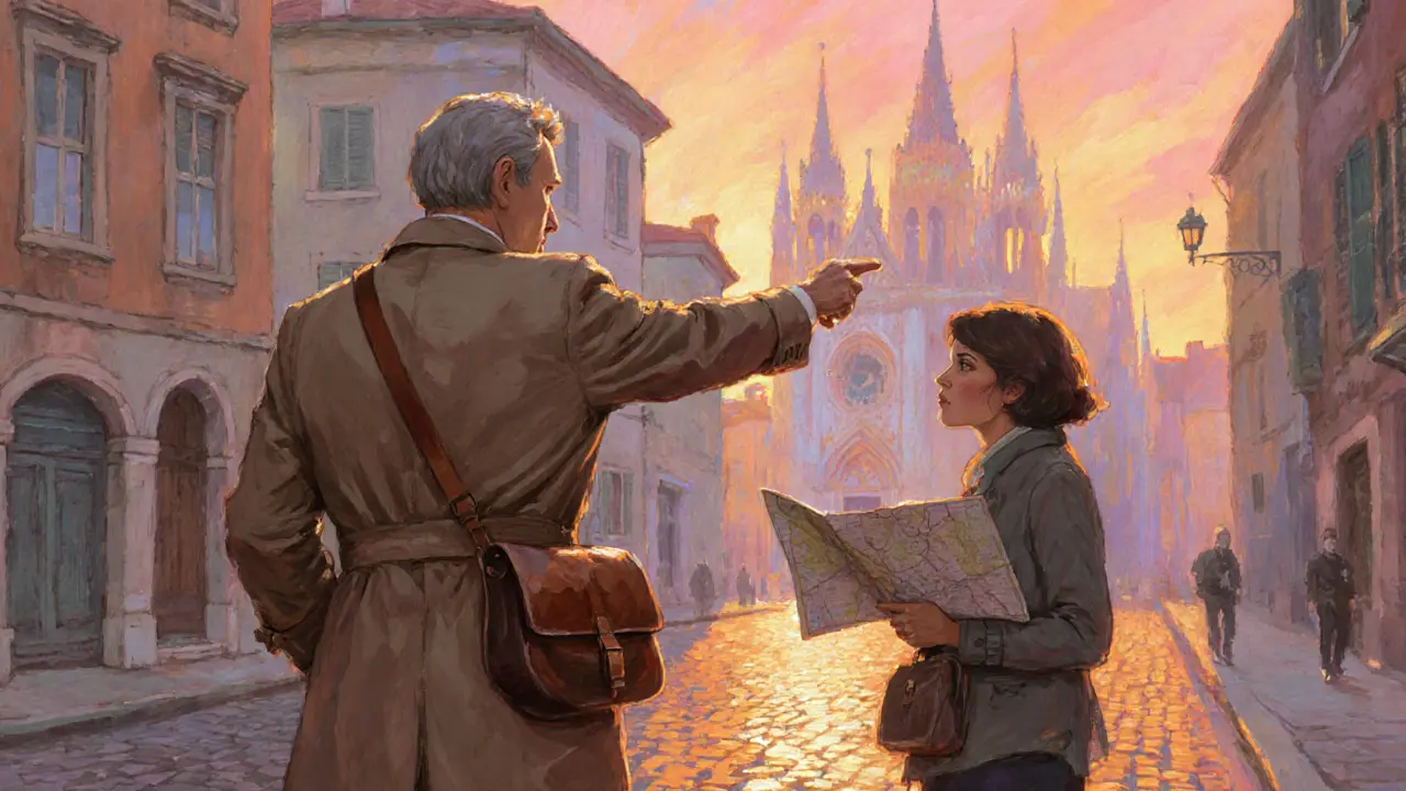 Escort guiding a traveler through historic streets at sunset, showing a cathedral.