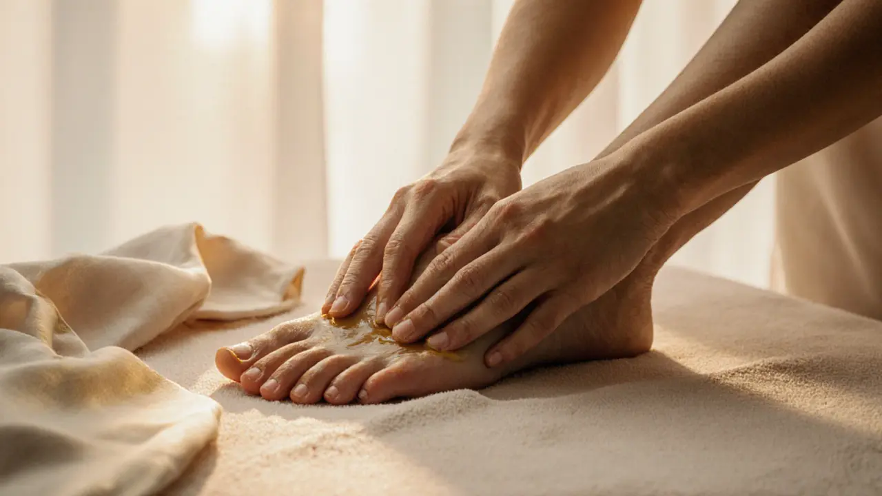 Gentle hands massaging a foot with natural oil in warm, natural light.