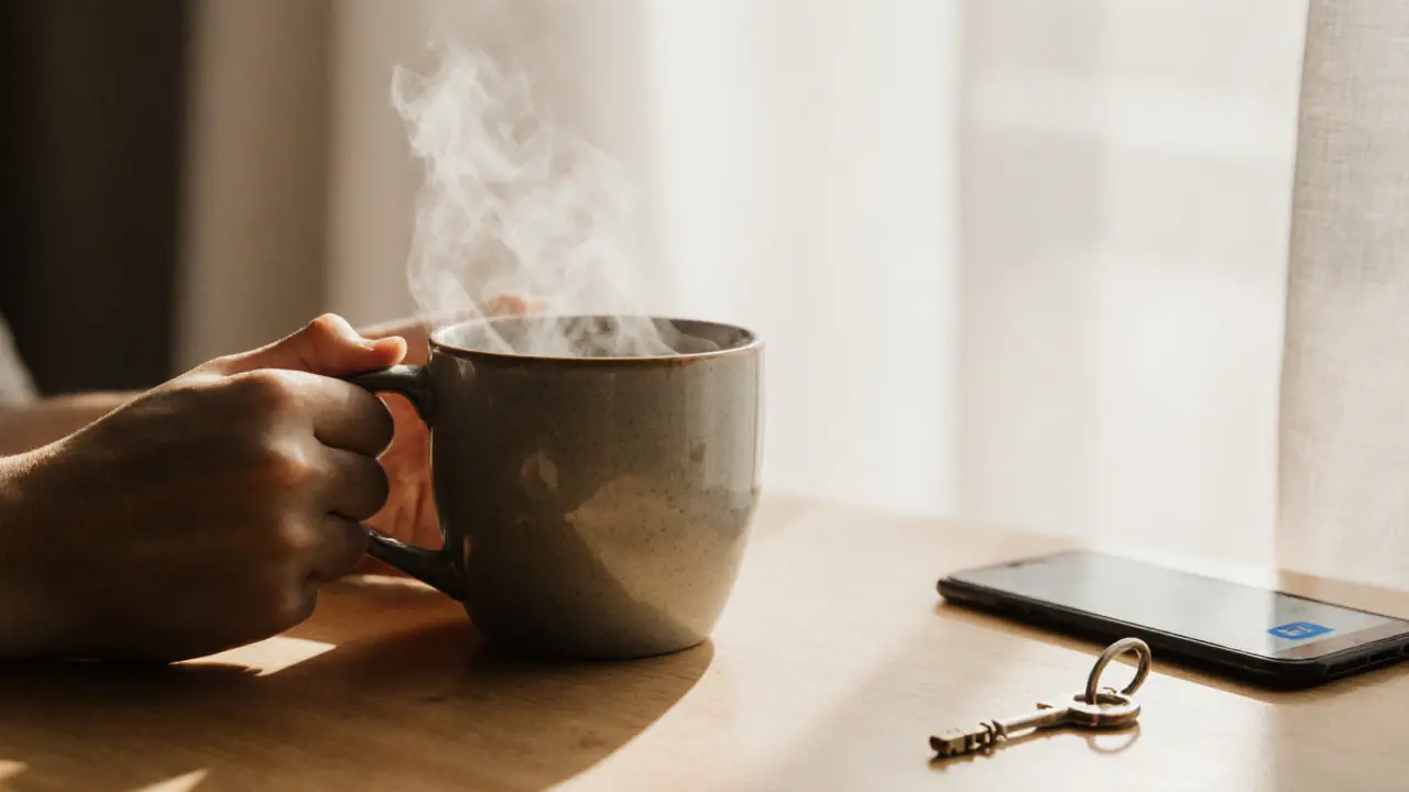 Hands holding a warm drink in natural light, conveying presence and stillness before a meaningful meeting.