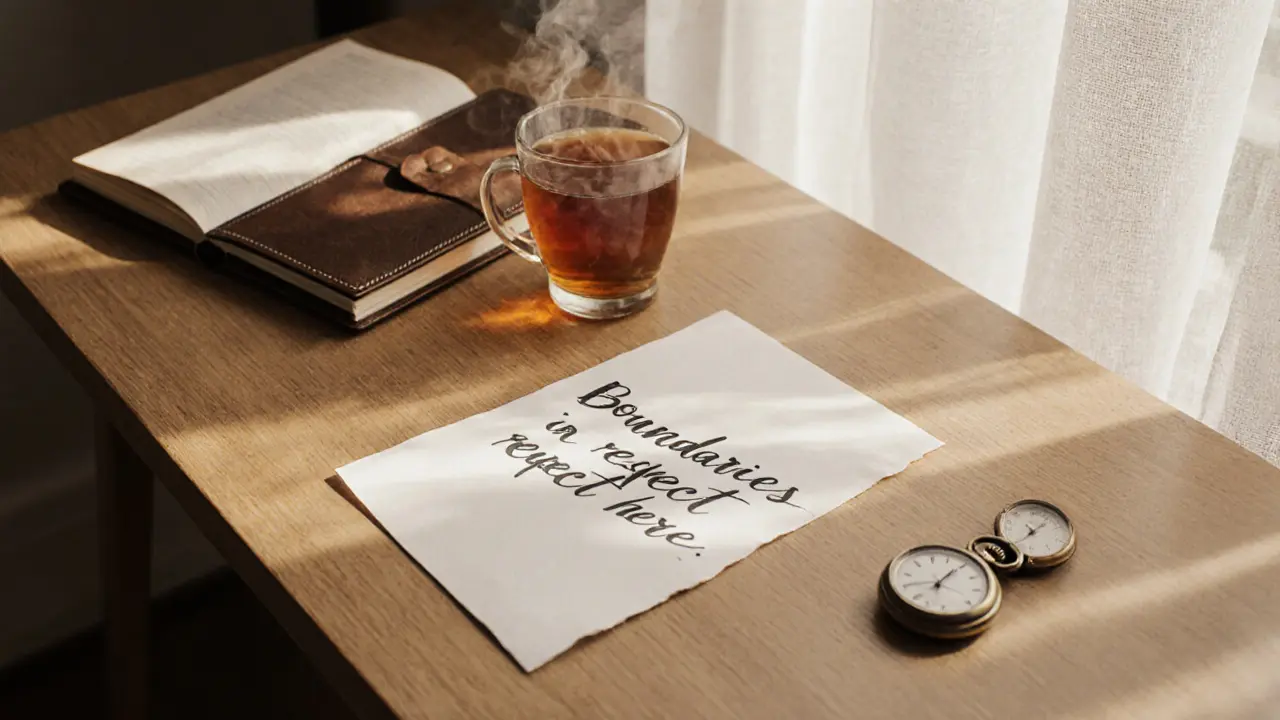 Handwritten note on a desk saying 'Boundaries are respected here' with tea and journal