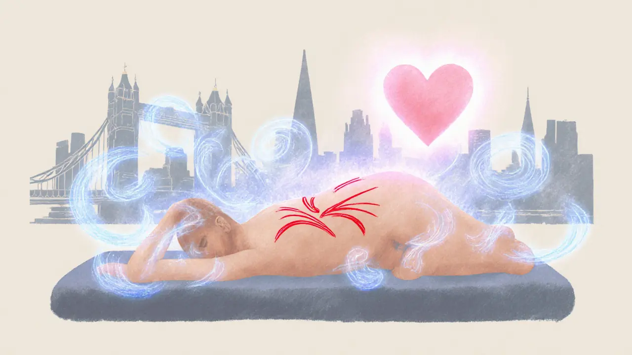 Illustration of a person on a massage table surrounded by glowing auras showing stress relief and circulation benefits.