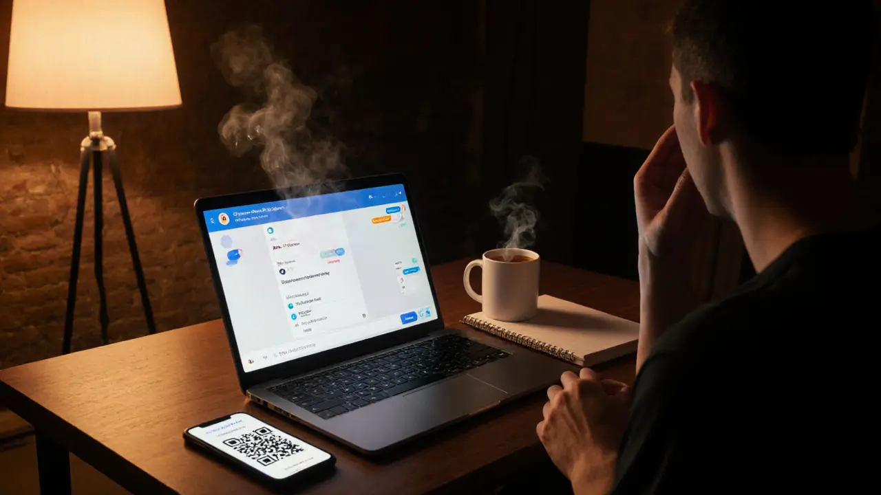 Intimate loft scene showing laptop, encrypted chat, payment QR code, and two partners negotiating.