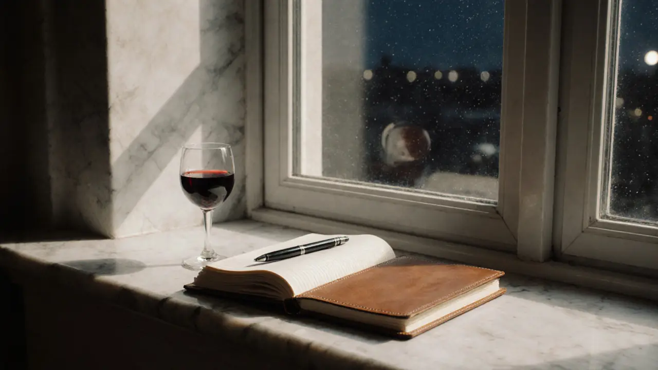 Leather notebook and glass of wine on a windowsill under moonlight, quiet and reflective.