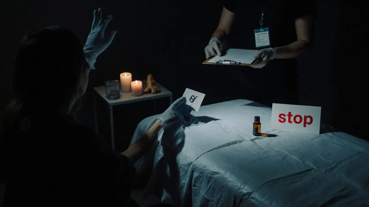 Noir-style studio showing therapist with licence clipboard, consent card, and clean massage tools.