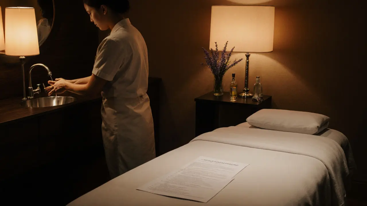 Photorealistic London studio with a therapist washing hands beside a consent form and massage oil.