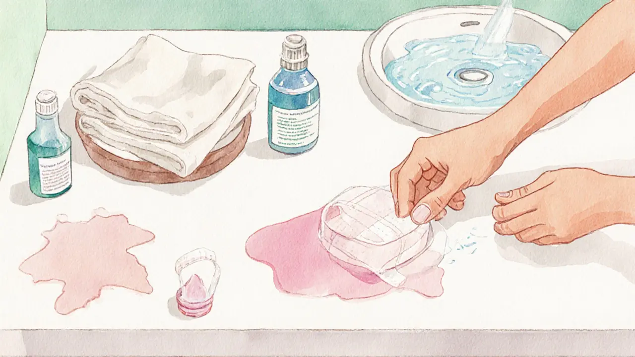 Prepared bathroom counter with dental dam, lubricant, and mouthwash.