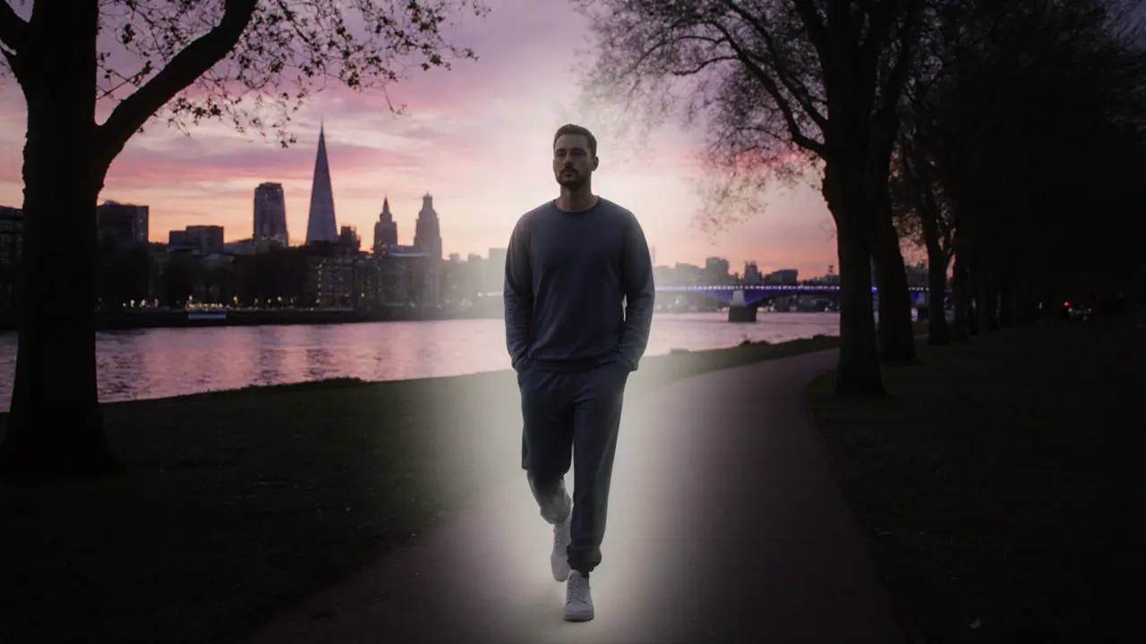 Relaxed man walking in a sunset London park, radiating inner peace.