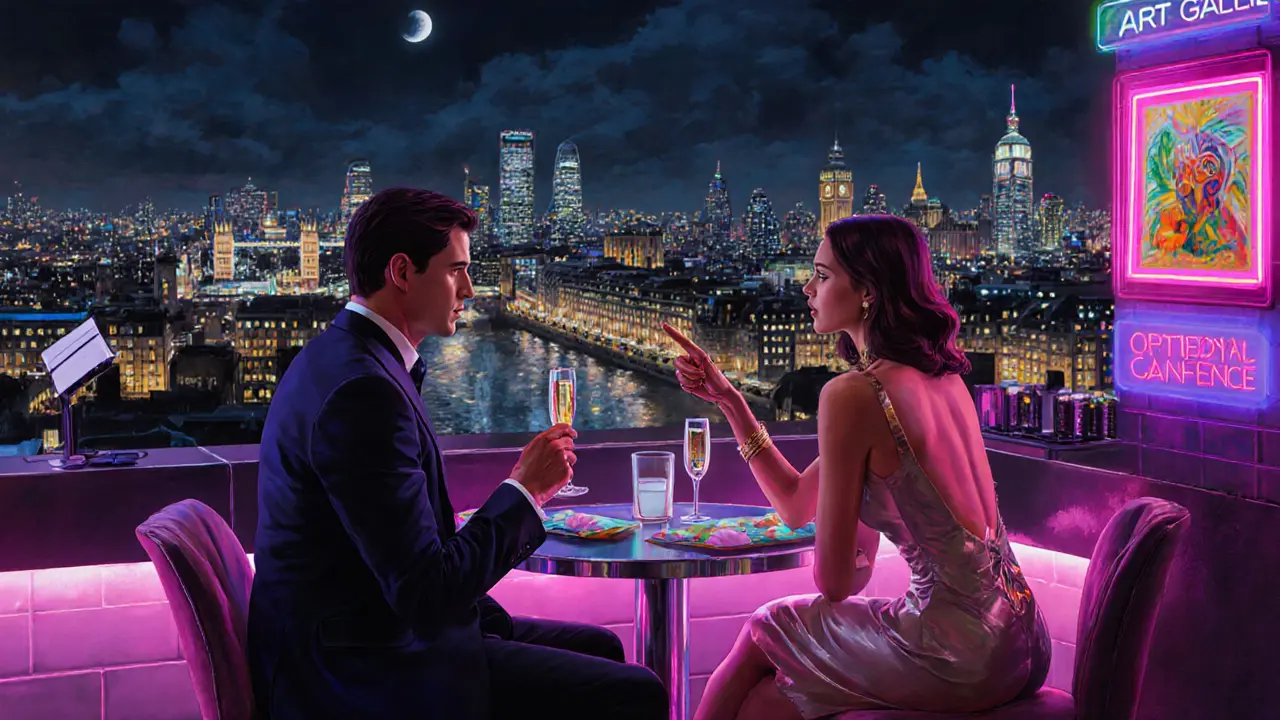 Rooftop bar scene with client and escort enjoying champagne and city lights.