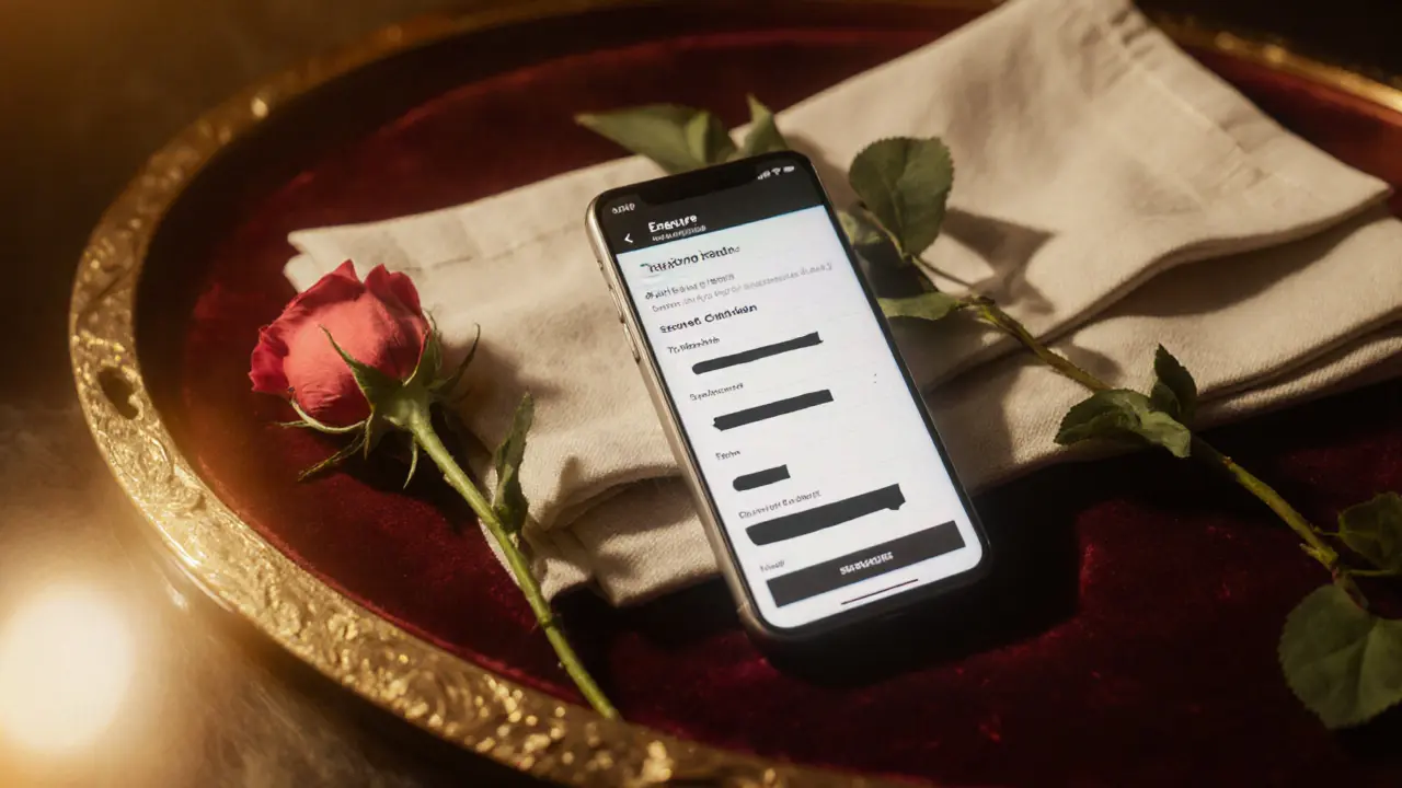 Smartphone showing secure booking confirmation on a hotel tray with rose and napkin