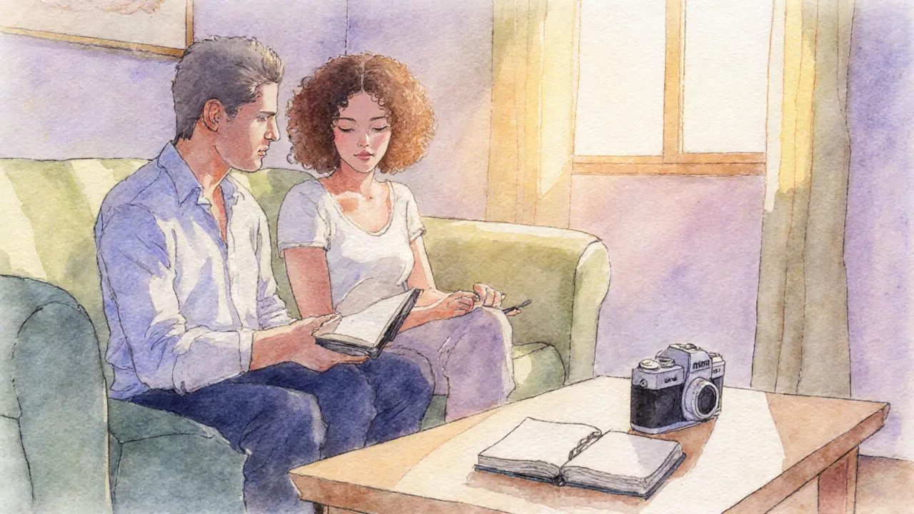 Soft sunrise scene of client and performer reviewing a journal after a session.