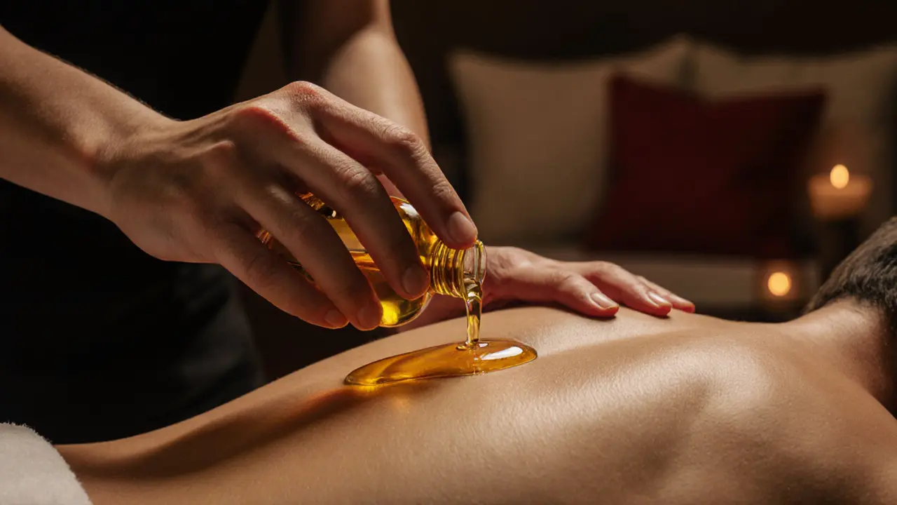 Therapist's hands pouring scented oil onto a relaxed back in soft light.