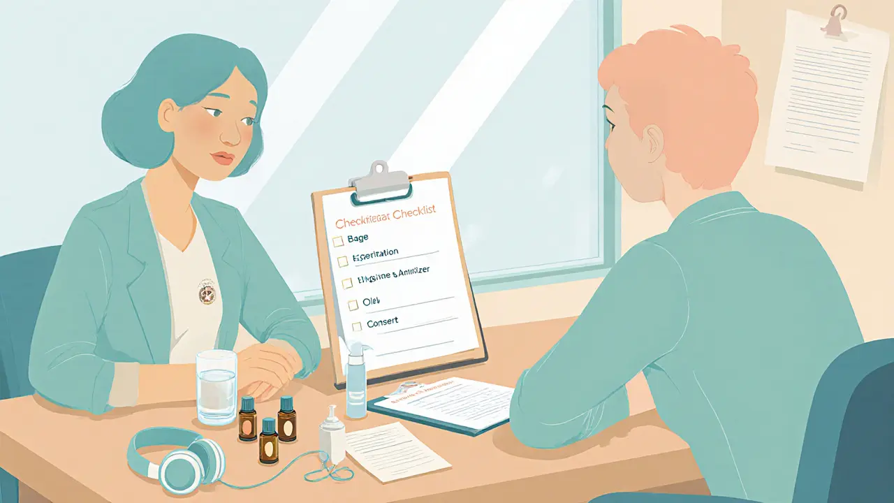 Therapist and client reviewing a checklist with oils, headphones, and consent form on a desk.