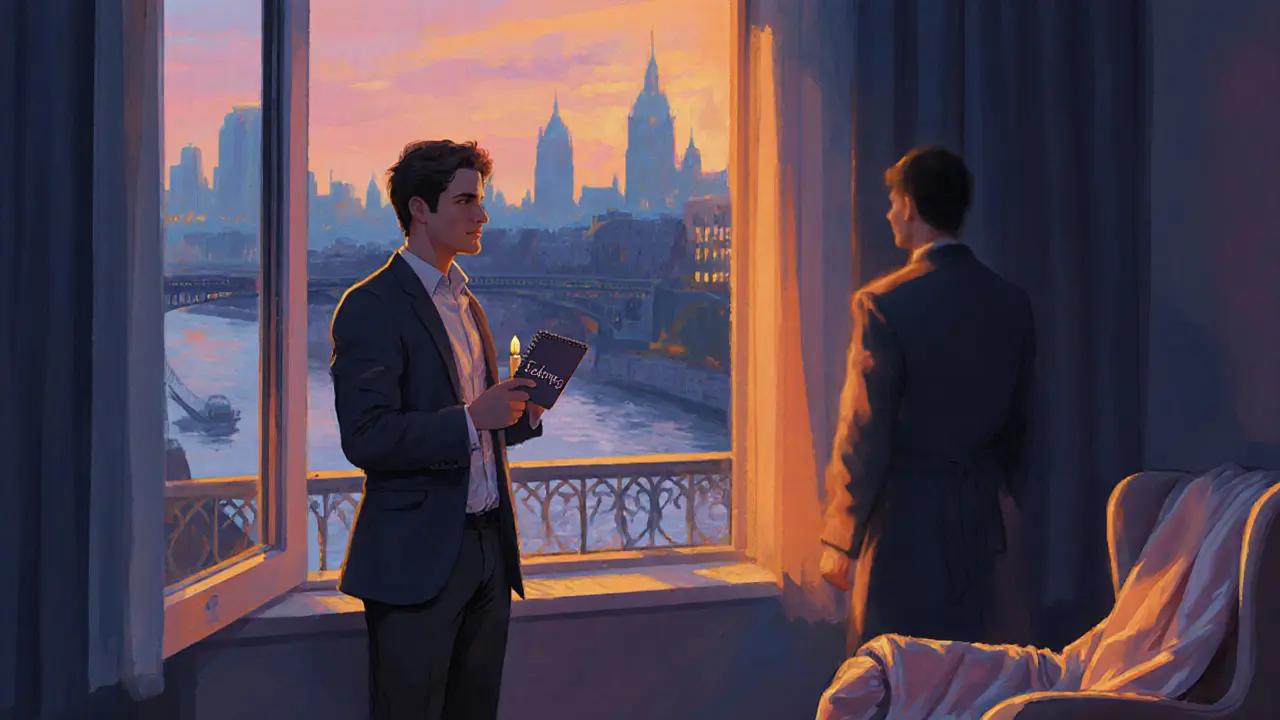 Twilight London apartment with client holding a candle, reflecting post‑GFE confidence.