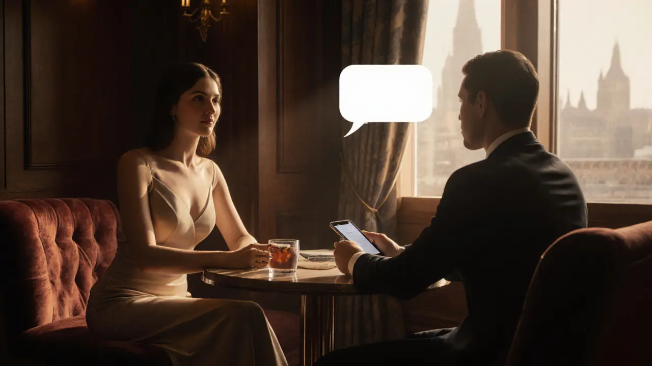 Upscale hotel lounge where client and escort discuss boundaries over a check‑in text.
