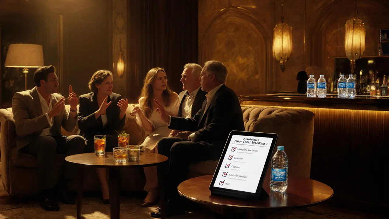 Warm lounge with diverse adults chatting, hand signals, and consent checklist on tablet.