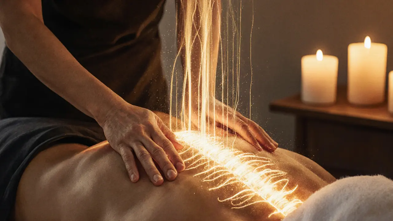Watercolor of therapist&#039;s hands gently massaging, showing warm light flowing upward.