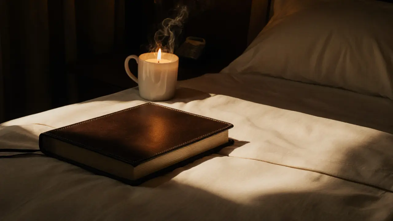 A closed journal and tea cup on a nightstand, symbolizing quiet reflection after a session.