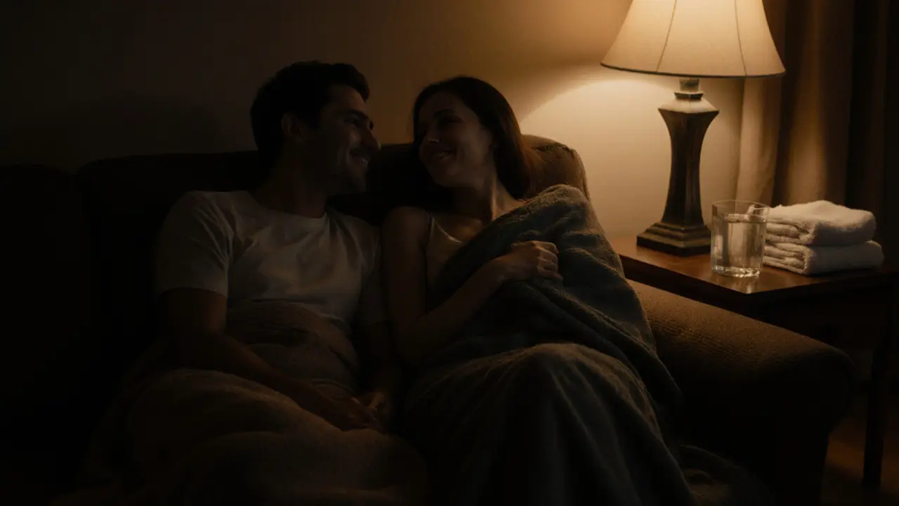 A couple sitting together on a couch, smiling softly, wrapped in a blanket after a quiet moment.