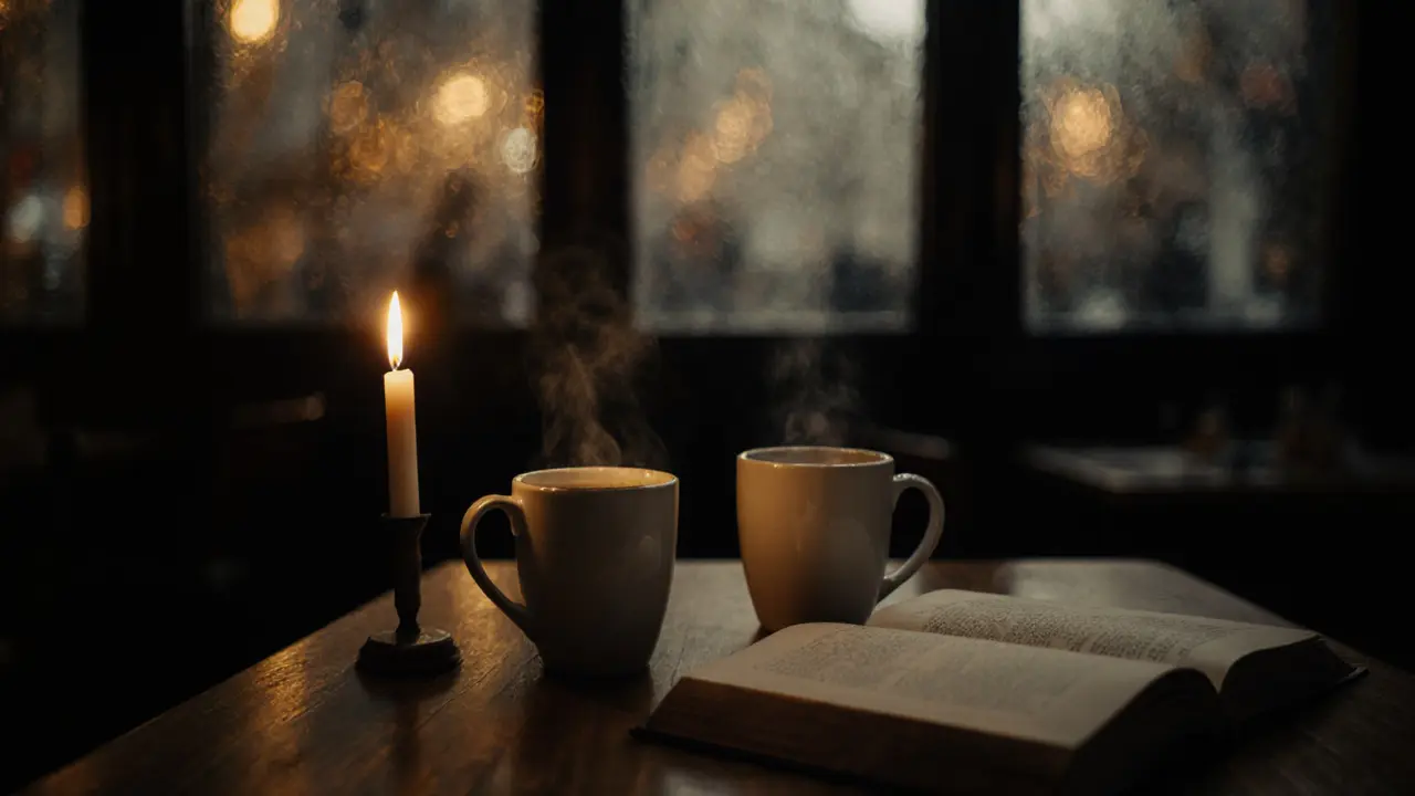 A cozy café table with coffee, a book, and a candle, no faces visible.