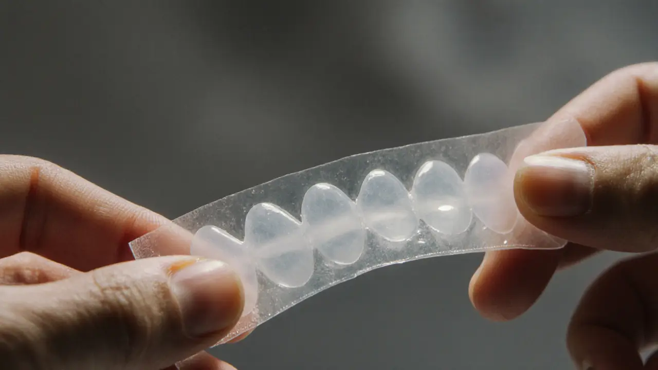 A dental dam being unrolled carefully between gentle fingers under warm light.
