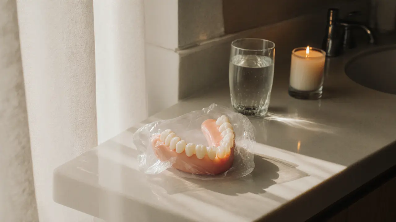 A dental dam package on a bathroom counter with a candle and glass of water, representing safe preparation.