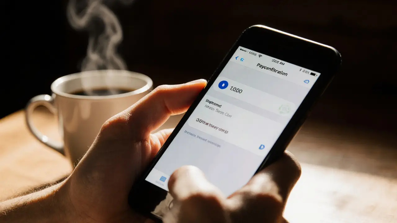 A hand holding a smartphone with a blurred payment confirmation and a coffee cup beside it on a wooden table.