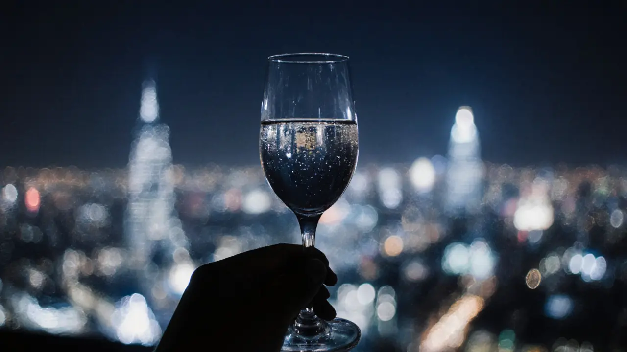 A hand holding a wine glass against a glowing London city skyline at night.