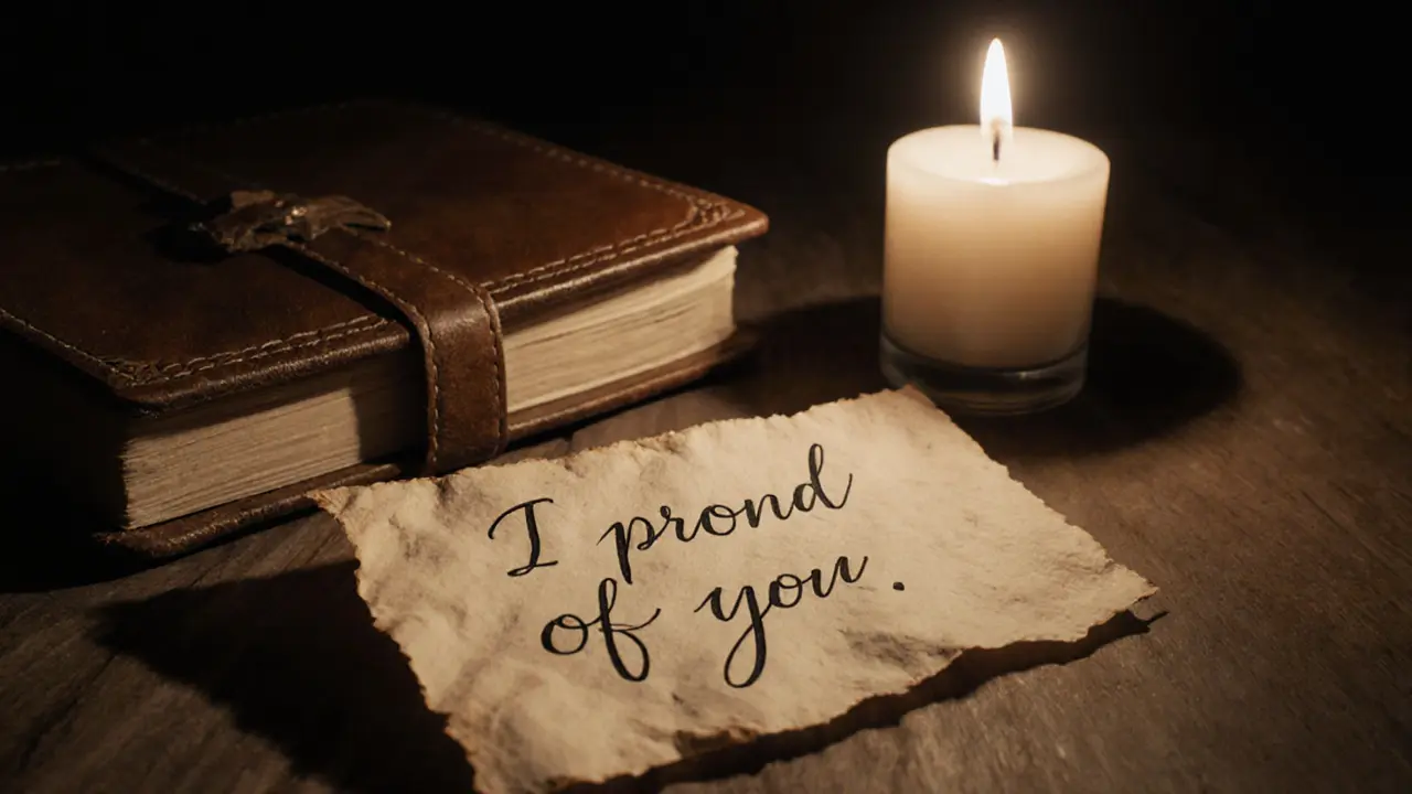 A handwritten note saying &#039;I&#039;m proud of you&#039; beside a burning candle and a closed journal on textured paper.