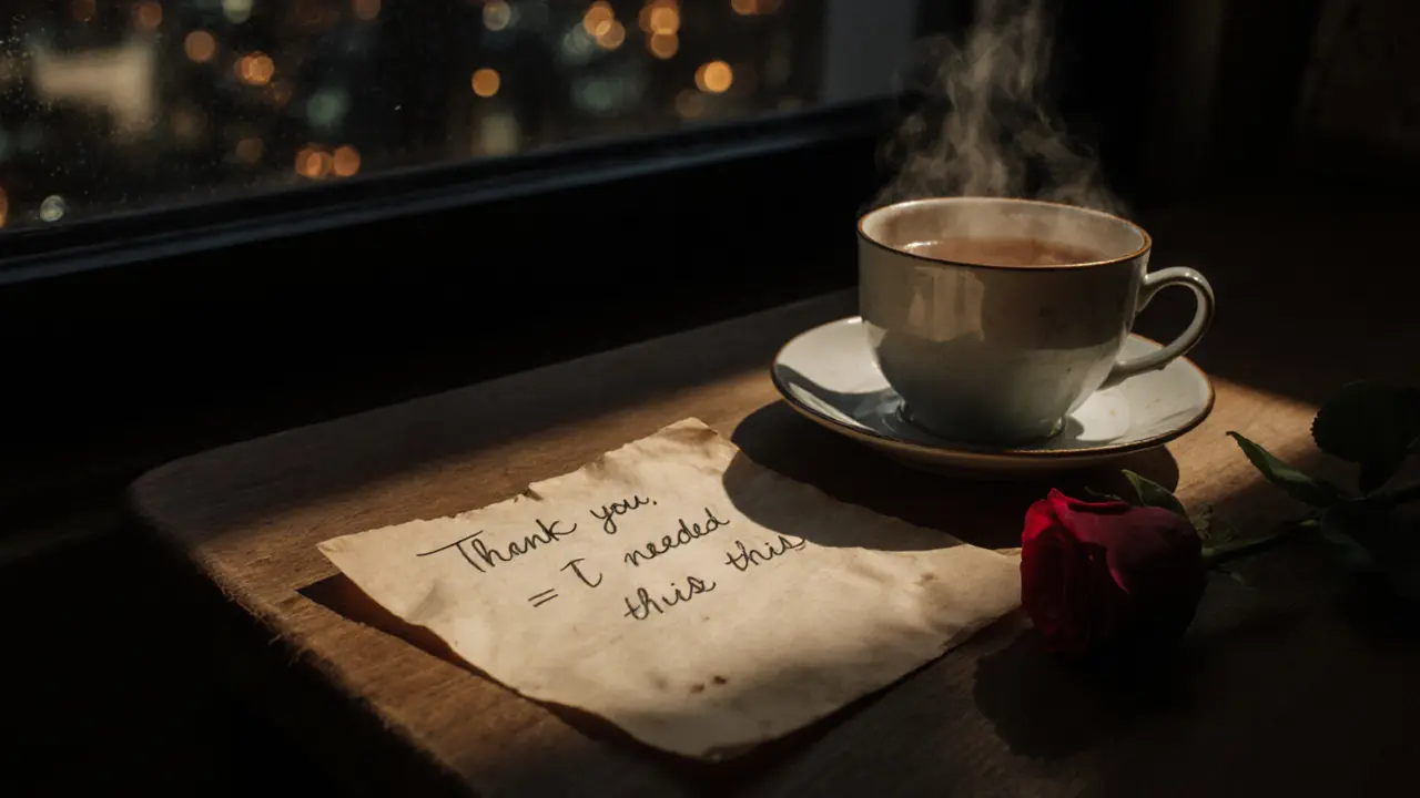 A handwritten thank-you note on paper beside a teacup and rose.