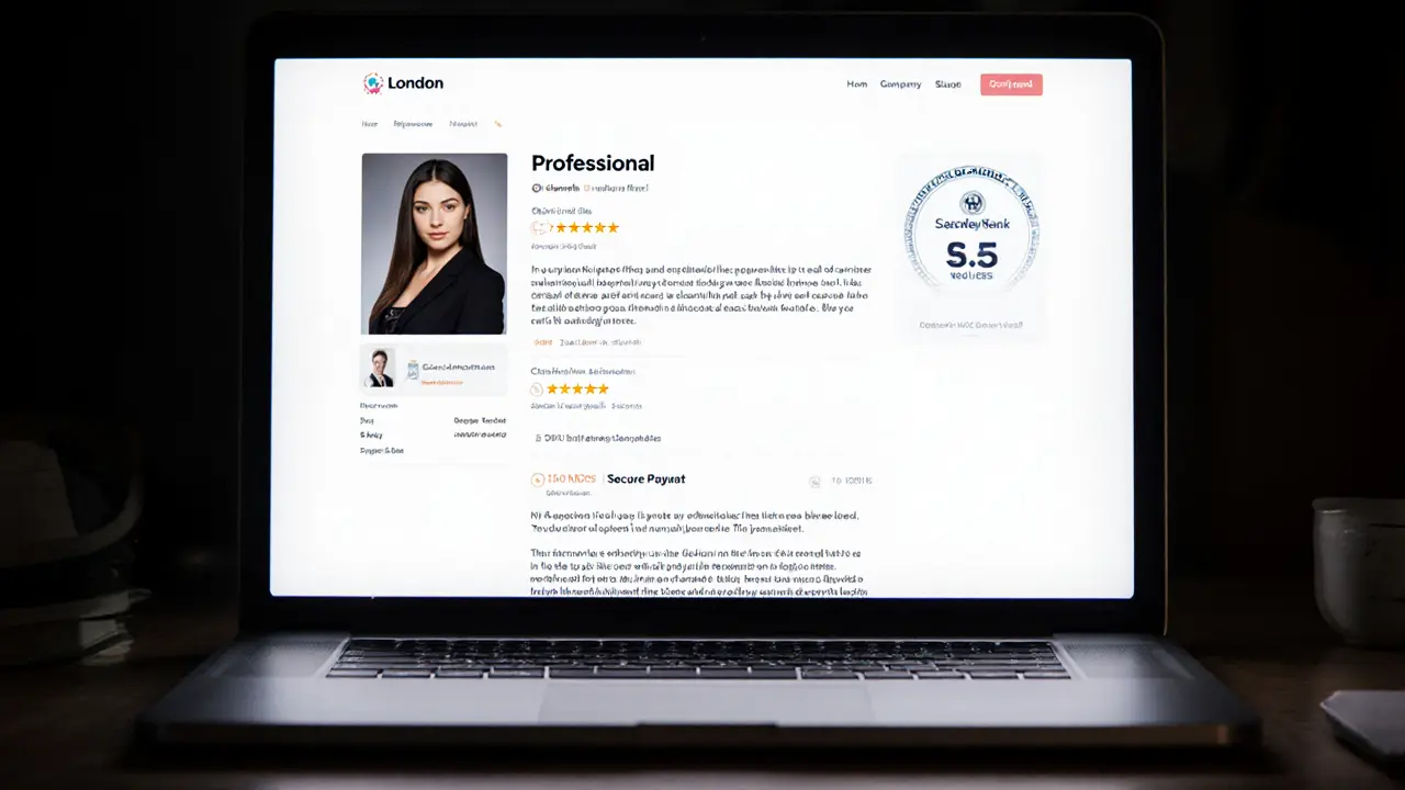 A laptop screen showing a verified escort profile with reviews and secure payment badge.