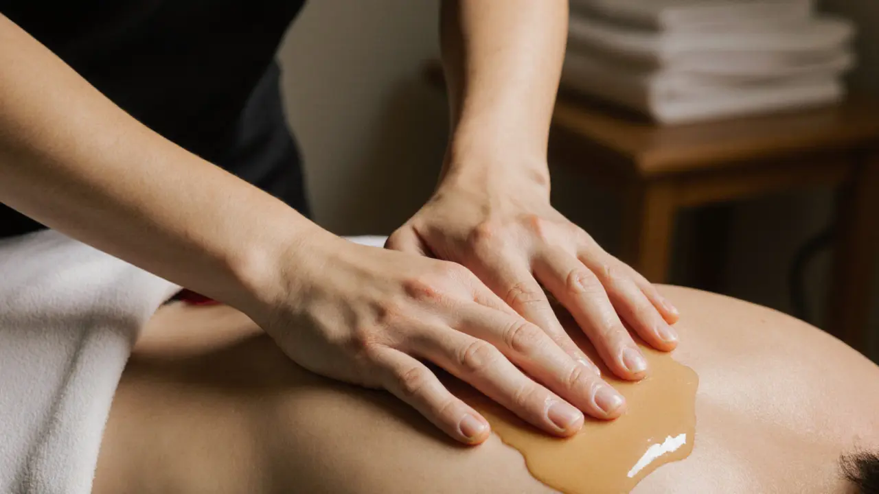 A masseuse&#039;s hands gently working on a client&#039;s shoulder with natural light and oil sheen.