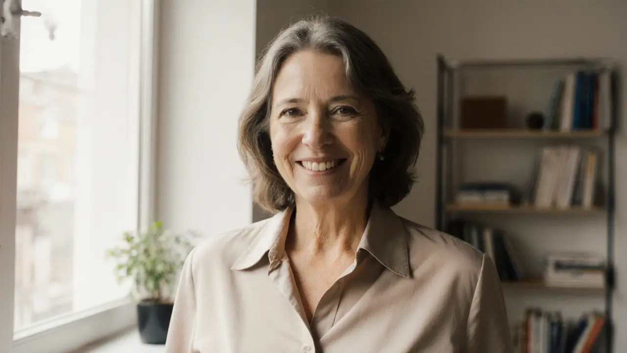 A mature woman smiling gently near a window, dressed professionally in natural light.